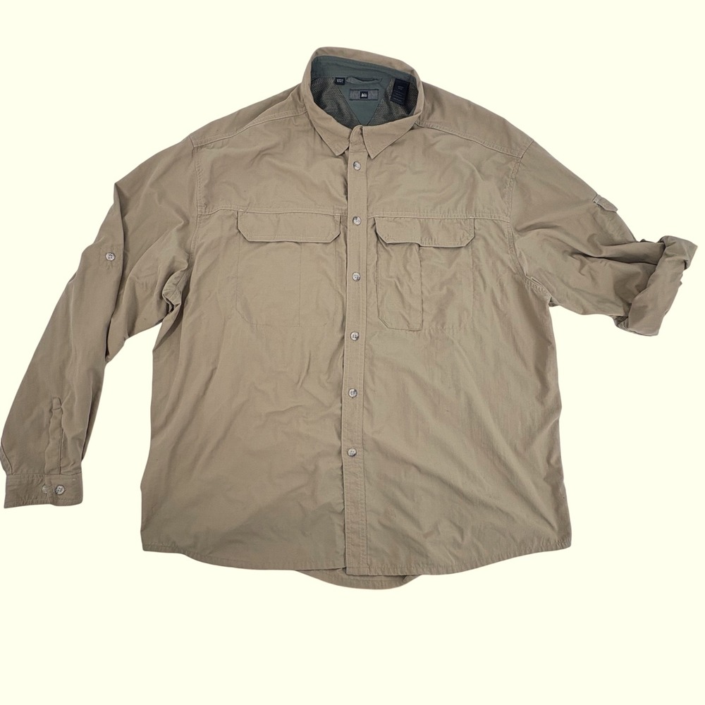 REI Mens LS Sun Protection Shirt UPF 50 Plus Outdoor Work Utility‎ Khaki XXL